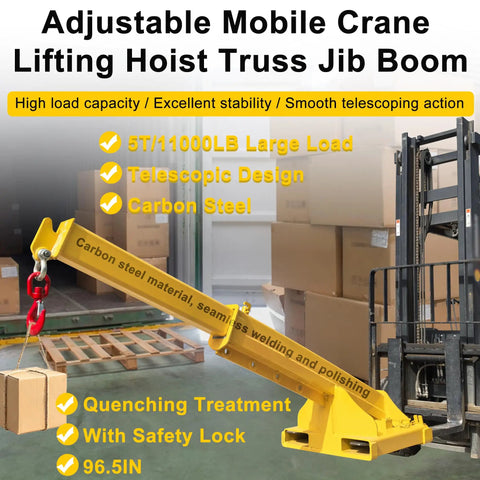 Heavy Duty Forklift Jib Boom Telescopic Crane Attachment With Heavy Gauge Hook 11000 LB Capacity lifting boxes on a forklift.