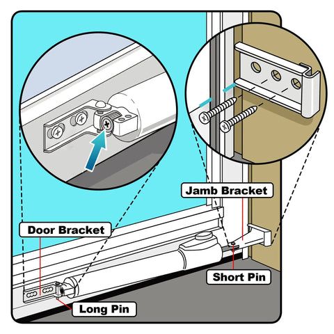 Diagram of storm door closer kit with brackets and screws for Andersen Emco Larson Pella 40201, showing installation details.