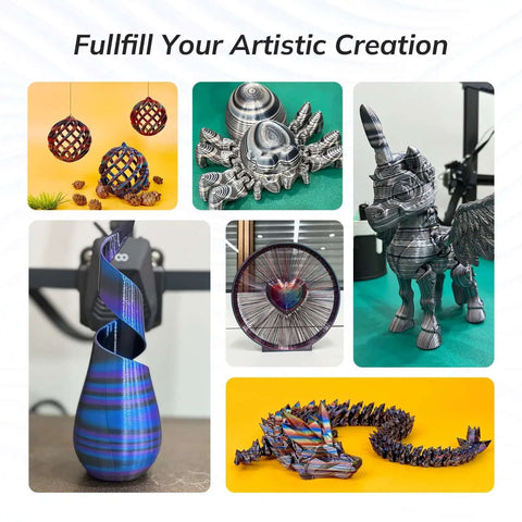 Various 3D printed art pieces using Silk Multicolor Rainbow PLA Filament Bundle for 3D Printing, 1.75mm, Four 200g Spools, Easy Color Change.