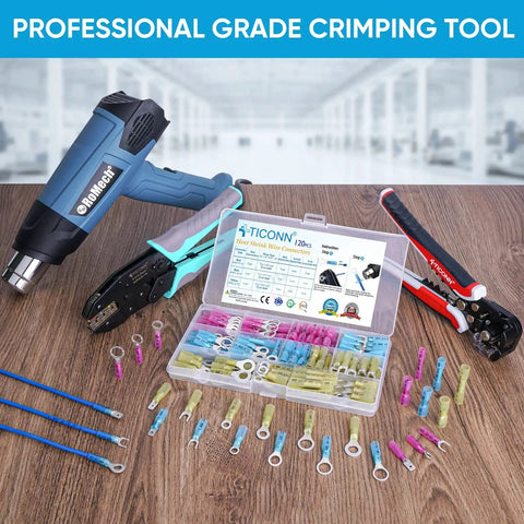 250 Piece Heat Shrink Wire Connector Kit With Waterproof Automotive Marine Terminals, crimp tools on table