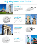 Top Shelf Universal Travel Plug Adapter With Six Ac Outlets And Four Usb Ports Including Two Usbc Fast Chargers And A Neatly Wrapped Three Foot Cord For Easy Packing And No Stress Global Travel, Types C, G, E/F, and A shown.