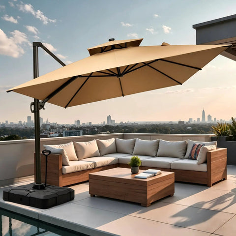 Outdoor Cantilever Umbrella Base With Wheels, Beefy 350 Lb Weighted Stand On Rooftop Patio With City View