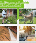 Wall Mounted Garden Hose Reel Cart Holds 65 To 100 Ft Of 5/8 Inch Hose Green Portable Hose Reel For Easy Storage And Quick Watering Say Goodbye To Clutter And Tangled Hoses In The Yard shown in various watering scenarios.