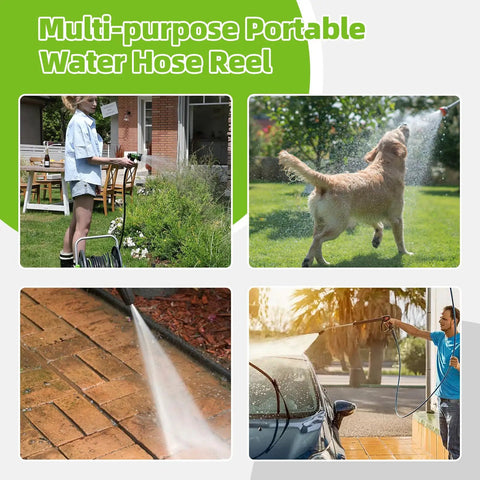 Wall Mounted Garden Hose Reel Cart Holds 65 To 100 Ft Of 5/8 Inch Hose Green Portable Hose Reel For Easy Storage And Quick Watering Say Goodbye To Clutter And Tangled Hoses In The Yard shown in various watering scenarios.