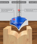 Close-up of Carbide Roundover Router Bit Set for Woodwork, Four Piece Collection With 1/4 Inch Shank, cutting into wood