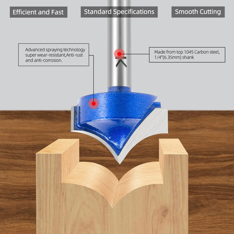 Close-up of Carbide Roundover Router Bit Set for Woodwork, Four Piece Collection With 1/4 Inch Shank, cutting into wood
