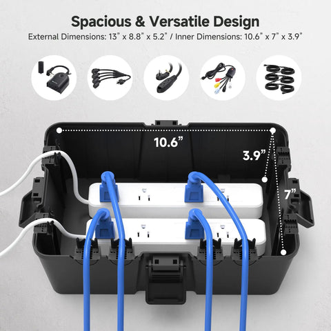Badass Weatherproof Outdoor Electrical Box Secures Power Strips Extension Cords And Plugs dimensions shown with cables inside.