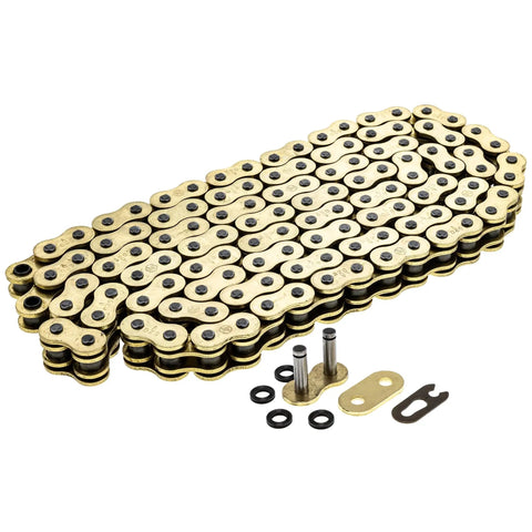 KTM Drive Sprocket And Chain Combo 14T Front Sprocket 52T Rear 520V X Ring Chain 118 Links gold chain close-up