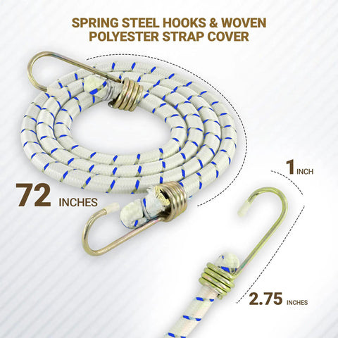Coiled 72-inch heavy duty bungee cord with metal hooks, 6 Pack 72-Inch Long Heavy Duty Bungee Cords With Durable Metal Hooks For Bikes, Camping, Outdoors, Great For Tie Downs And Securing Cargo, Weatherproof And Abrasion Resistant, Built Tough For Any Adventure.