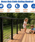 Premium 8ft Black Cable Railing Handrail Kit With Four Pieces Of Heavy Duty 304 Stainless Steel Deck Top Guardrails Featuring A Sleek Matte Finish And Totally Built Different Quality on a wooden deck with children playing.