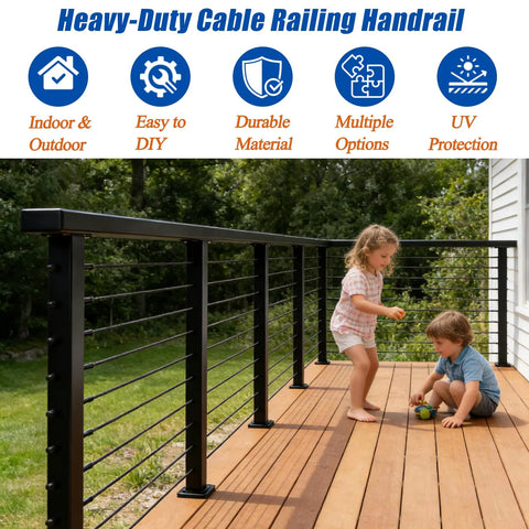 Premium 8ft Black Cable Railing Handrail Kit With Four Pieces Of Heavy Duty 304 Stainless Steel Deck Top Guardrails Featuring A Sleek Matte Finish And Totally Built Different Quality on a wooden deck with children playing.