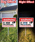 4 Pack 12 By 8 Security Camera Signs Reflective Waterproof Aluminum 24 Hour Surveillance Sign For Home And Business With High Visibility Easy Read Letters Yo showing day and night visibility.