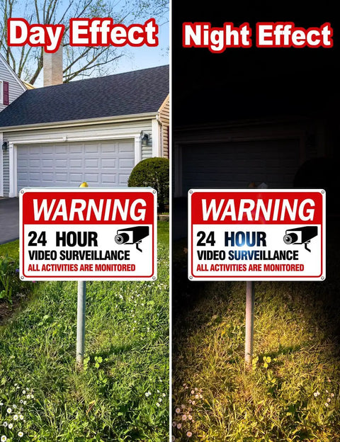 4 Pack 12 By 8 Security Camera Signs Reflective Waterproof Aluminum 24 Hour Surveillance Sign For Home And Business With High Visibility Easy Read Letters Yo showing day and night visibility.