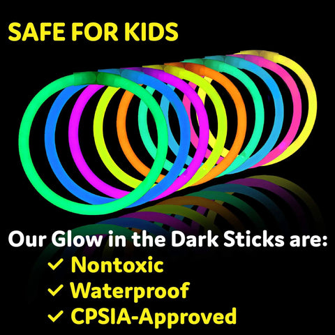 100 Pack 8 Inch Glow Sticks For Parties Lit Water Resistant Neon Light Up Bracelets And Necklaces With Connectors displayed in vibrant colors.