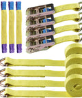 Beefy Heavy Duty Ratchet Tie Downs Straps With Double J Hook 2 Inch Wide By 13 Ft Long 10,000 Lbs Break Strength UV And Water Resistant Cargo Straps Yellow 4 Pack For Moving Appliances Lawn Equipment Motorcycles Cars Trucks ATVs