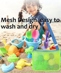 Colorful Mesh Beach Tote For Kids, Adjustable Quick Dry Net Bag in bright green and royal blue on sandy beach with toys