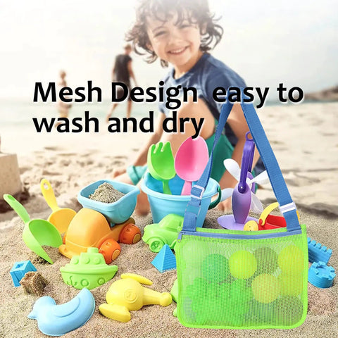 Colorful Mesh Beach Tote For Kids, Adjustable Quick Dry Net Bag in bright green and royal blue on sandy beach with toys