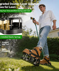 Man using Spring Loaded Lawn Aerator Shoes With Velcro Straps One Size Fits All Self Cleaning No Installation Aerating Shoes for lawn care.