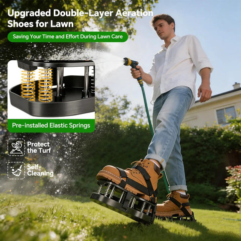 Man using Spring Loaded Lawn Aerator Shoes With Velcro Straps One Size Fits All Self Cleaning No Installation Aerating Shoes for lawn care.
