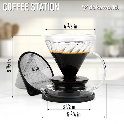 Premium Borosilicate Glass Pour Over Coffee Dripper With Reusable Stainless Steel Filter, 5.5 in height for eco-friendly brewing.