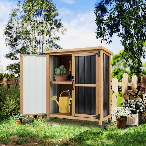 Outdoor Storage Cabinet For Small Spaces Wood And Metal Build With Weather Resistant Asphalt Roof Double Locking Doors