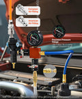 Shop Grade Radiator Coolant Pressure Tester Kit With Vacuum Refill Tool showcasing gauge, air fittings, and brass coupler for easy maintenance.