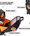 77 Pocket Electricians Tool Backpack With Hard Moulded Bottom And 65 Pcs Molle Loops Four Compartments Titanium Hook Waterproof Design For HVAC Construction And Field Techs A Gear Carrier For Tough Job Sites with open compartments and organized tools.