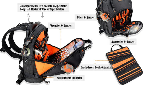 77 Pocket Electricians Tool Backpack With Hard Moulded Bottom And 65 Pcs Molle Loops Four Compartments Titanium Hook Waterproof Design For HVAC Construction And Field Techs A Gear Carrier For Tough Job Sites with open compartments and organized tools.