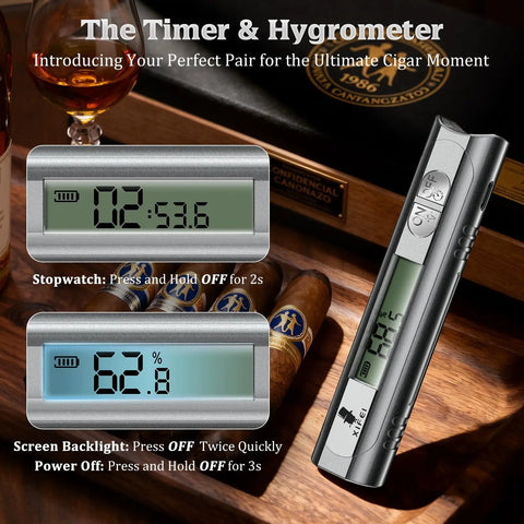 Digital Cigar Hygrometer With LCD Display, Portable Humidity Meter For Humidors, Dual Sensor Probes For Inside Cigars, Real Time Moisture Reading, Built In Stand And Stopwatch, Accurate Cigar Moisture Gauge, Perfect Gift For Real Cigar Nerds Gray displayed in cigar humidor