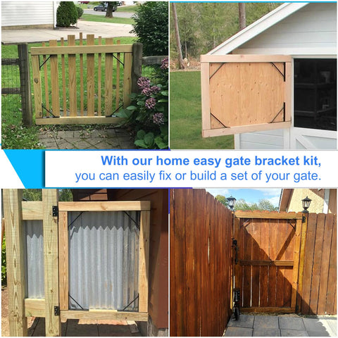 No Sag Heavy Duty Fence Gate Kit For Wooden Gates And Sheds Adjustable 2x4s Steel Corner Braces And Hinges in use on various gates