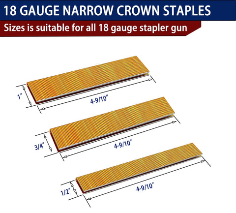 18 Gauge Narrow Crown Galvanized Staples in 1, 3/4, and 1/2 inch sizes for cabinet making and crafts.