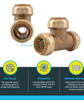 Three Quarter Inch Brass Push to Connect Tee Plumbing Fitting Six Pack Ideal for Quick Joins in Tight Spaces Works with PEX Copper CPVC PERT HDPE Model U370LF showing front angle and tool-free design highlights.
