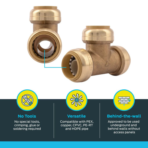 Three Quarter Inch Brass Push to Connect Tee Plumbing Fitting Six Pack Ideal for Quick Joins in Tight Spaces Works with PEX Copper CPVC PERT HDPE Model U370LF showing front angle and tool-free design highlights.