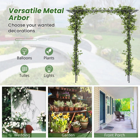 81 Inch Garden Arch Metal Arbor for Climbing Plants in outdoor setting with wedding, garden, and porch decoration options.