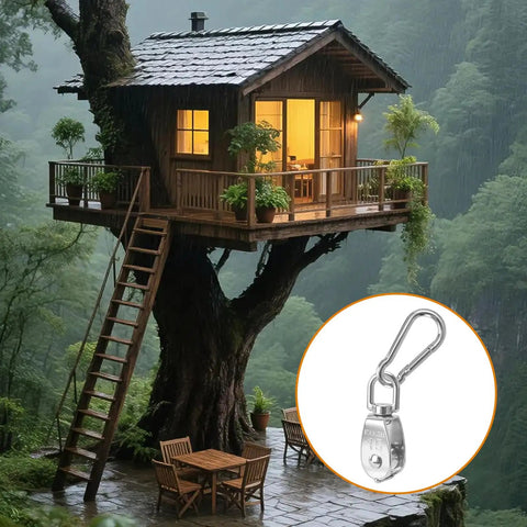 Heavy-Duty Treehouse Pulley System Kit With Dual Pulleys Nylon Rope Hooks Lifting Plates And Rope Cleat For Easy DIY Treehouse Lifts And Projects Ready To Use, stainless steel hook shown