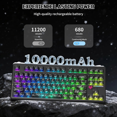 Top Shelf Wireless Mechanical Keyboard With Blazing 8k Polling Speed And A Rock Solid 10000Mah Cell Mounted On A Clever Dot Matrix Panel showcasing backlit keys and battery life indicators.