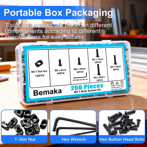 Straight Up Solid 260 Piece M5 T Slot Nuts And Bolts Assortment Kit For 2020 Series Aluminum Extrusion Rails with portable box.