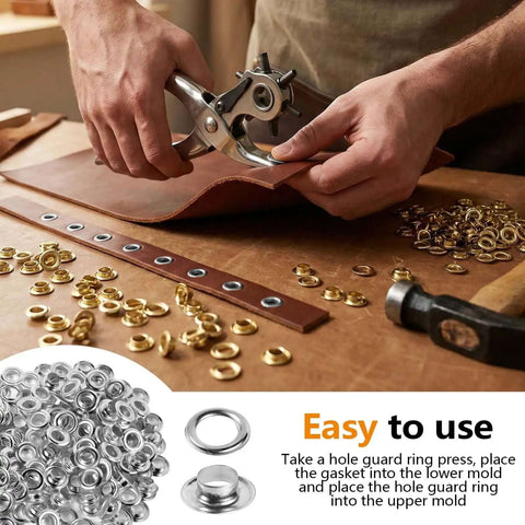 Person using Heavy Duty Metal Grommets Kit 1000 Pieces Three Eighths Inch Eyelets and Washers for leather crafting