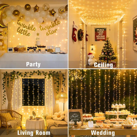 300 LED Curtain Lights With Remote Control for Indoor Outdoor Use Warm White Fairy String Lights set in different decor