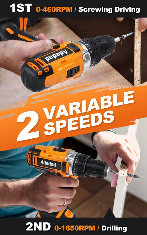20V Cordless Drill Set With 300 Inch Pound Torque, 0 To 450 And 0 To 1650 RPM, Three Eighths Inch Keyless Chuck, Dual Speed, LED Light