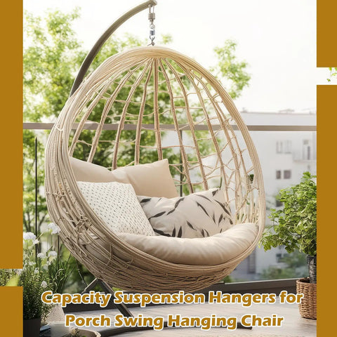 Hanging chair with cushions on a porch using Six Pack Heavy Duty Swing Springs, 3000 Lbs Capacity, 4 Inch Replacement Springs for support.