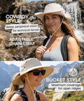 Women wearing Go To Sun Hat For Women With Ponytail Hole, Wide Brim Beach Bucket Style, Lightweight Nylon, Upf 50 Plus Sun Protection, beige.