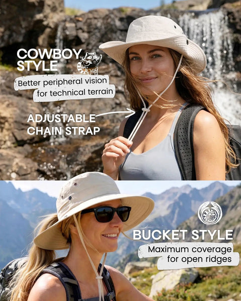 Women wearing Go To Sun Hat For Women With Ponytail Hole, Wide Brim Beach Bucket Style, Lightweight Nylon, Upf 50 Plus Sun Protection, beige.