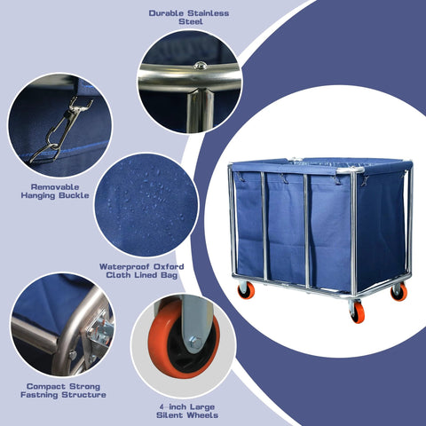 Commercial Laundry Cart Wheeled Large Capacity 400L Heavy Duty Stainless Steel Laundry Sorter with waterproof blue bag and casters