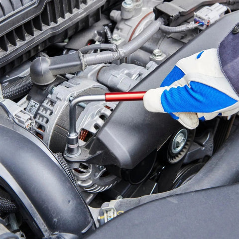 Mechanic using Two Way Speed L Handle Tool Kit with Long Reach, Heavy Duty 11 Piece Set Featuring Quick Change Collar on car engine