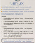 Verilux Natural Spectrum Light Bulb packaging with instructions, 1715 Lumens 6500K Daylight Glow for Bright Eye-Friendly Home Lighting.