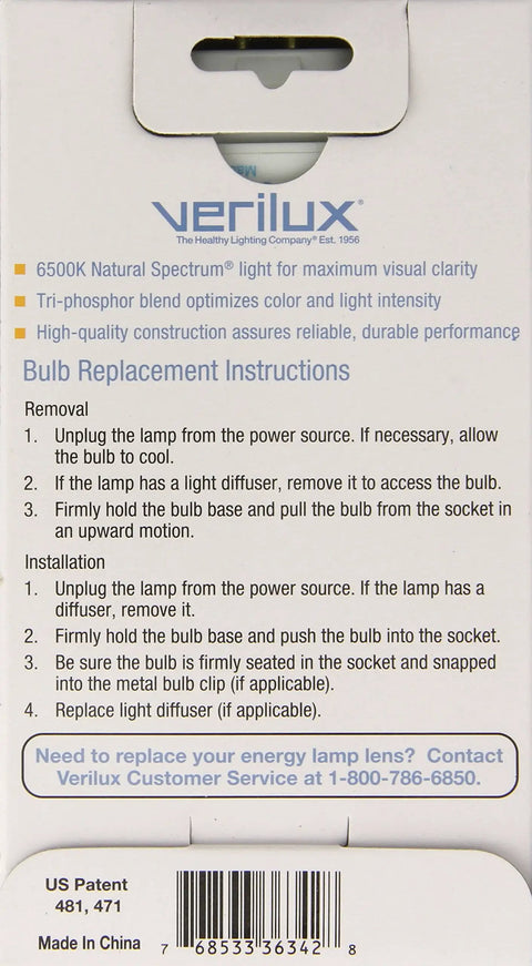 Verilux Natural Spectrum Light Bulb packaging with instructions, 1715 Lumens 6500K Daylight Glow for Bright Eye-Friendly Home Lighting.