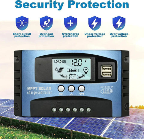 60A MPPT Solar Charge Controller 12V 24V Auto Sensing Regulator with LCD display and dual USB ports for battery charging