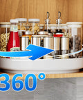 Hella Rugged 13 Inch Metal Lazy Susan Turntable For Kitchen Cabinet And Pantry Rack Storage white turntable showing spices and condiments.