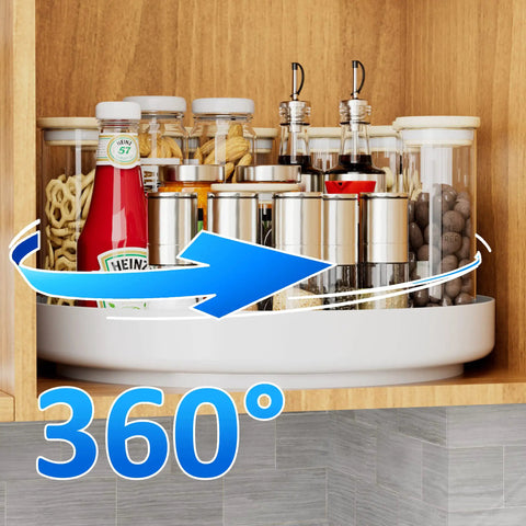 Hella Rugged 13 Inch Metal Lazy Susan Turntable For Kitchen Cabinet And Pantry Rack Storage white turntable showing spices and condiments.